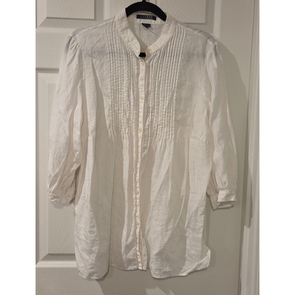 Vintage Lauren Ralph Lauren Linen Blouse 1X White Pintuck Band Collar Tunic